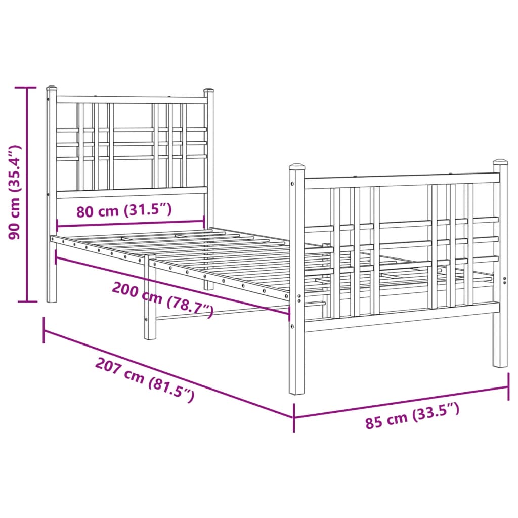 Estrutura de cama com cabeceira e pés 80x200 cm metal preto