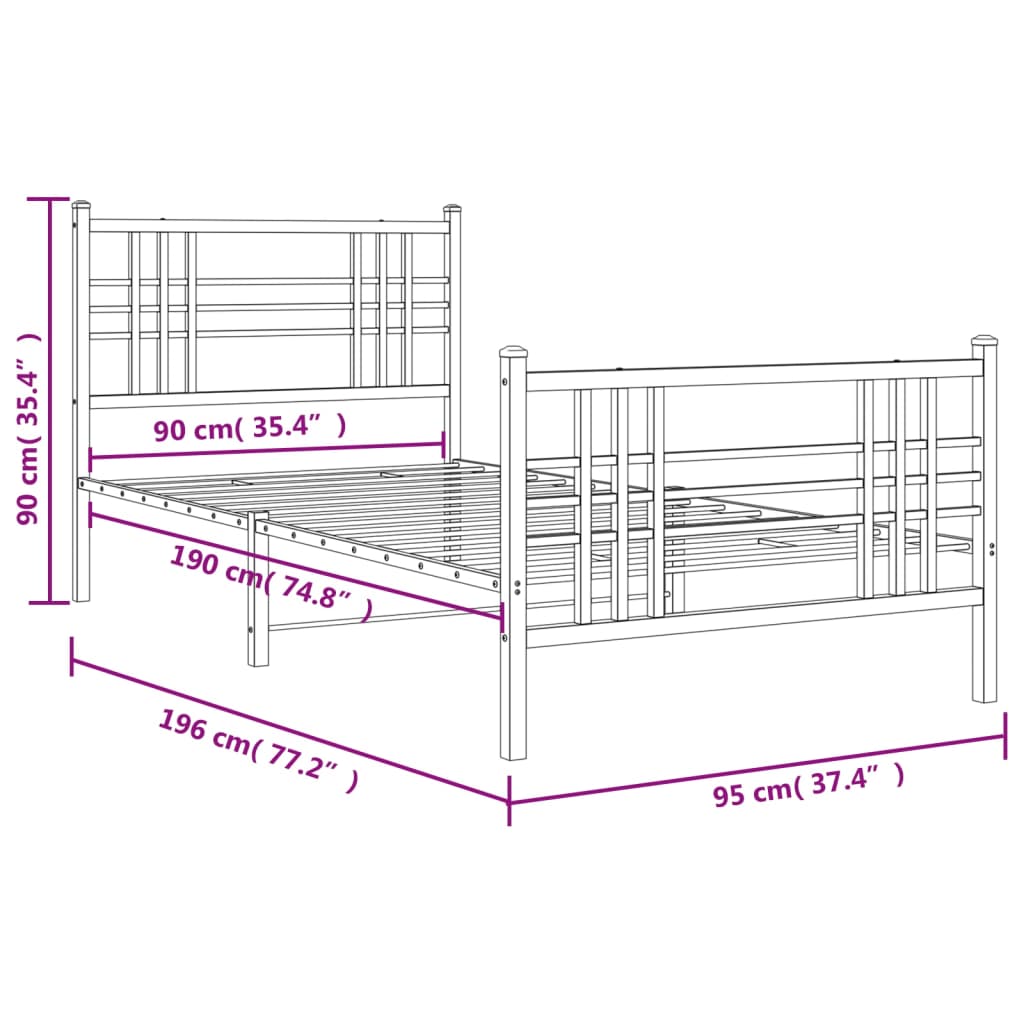 Estrutura de cama com cabeceira e pés 90x190 cm metal preto