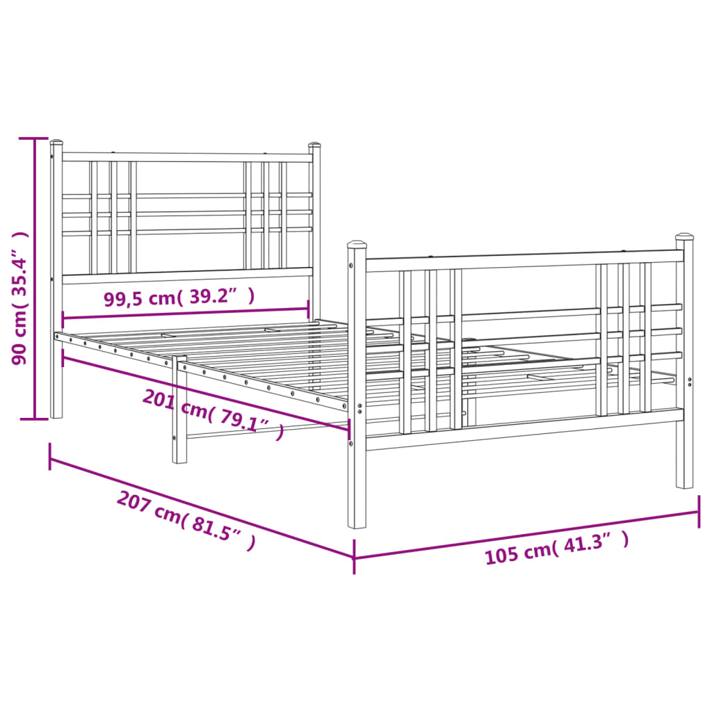 Estrutura de cama com cabeceira e pés 100x200 cm metal preto