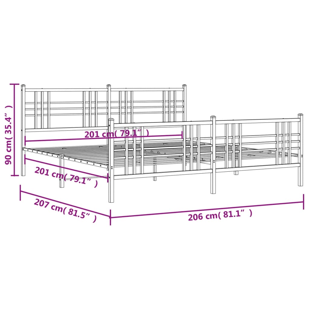 Estrutura de cama com cabeceira e pés 200x200 cm metal preto