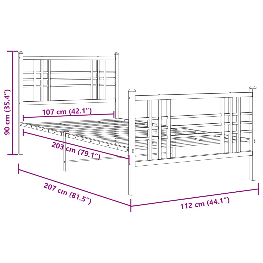 Estrutura de cama com cabeceira e pés 107x203 cm metal branco