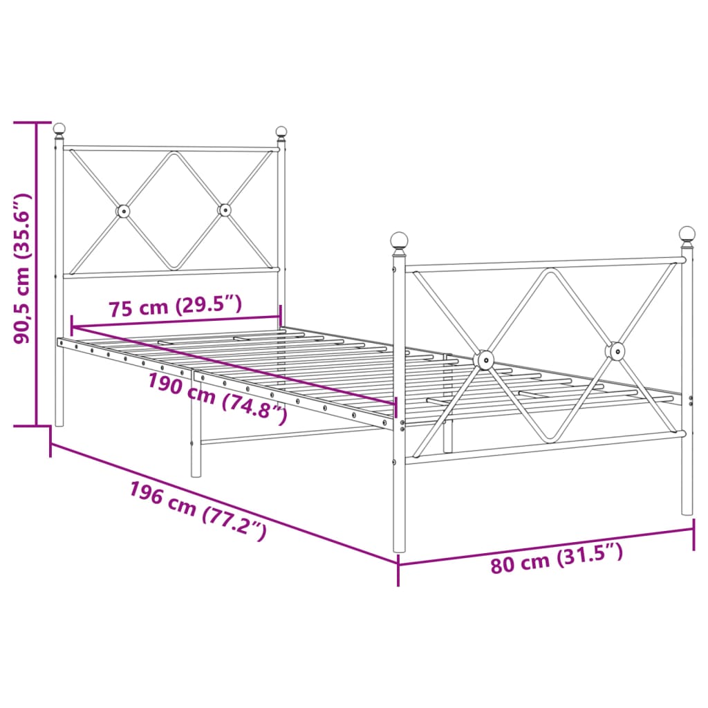 Estrutura de cama com cabeceira e pés 75x190 cm metal preto