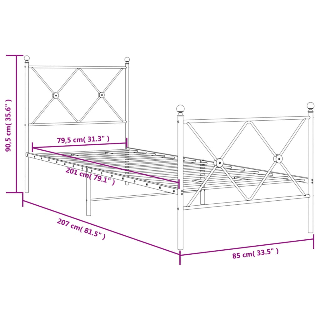 Estrutura de cama com cabeceira e pés 80x200 cm metal preto