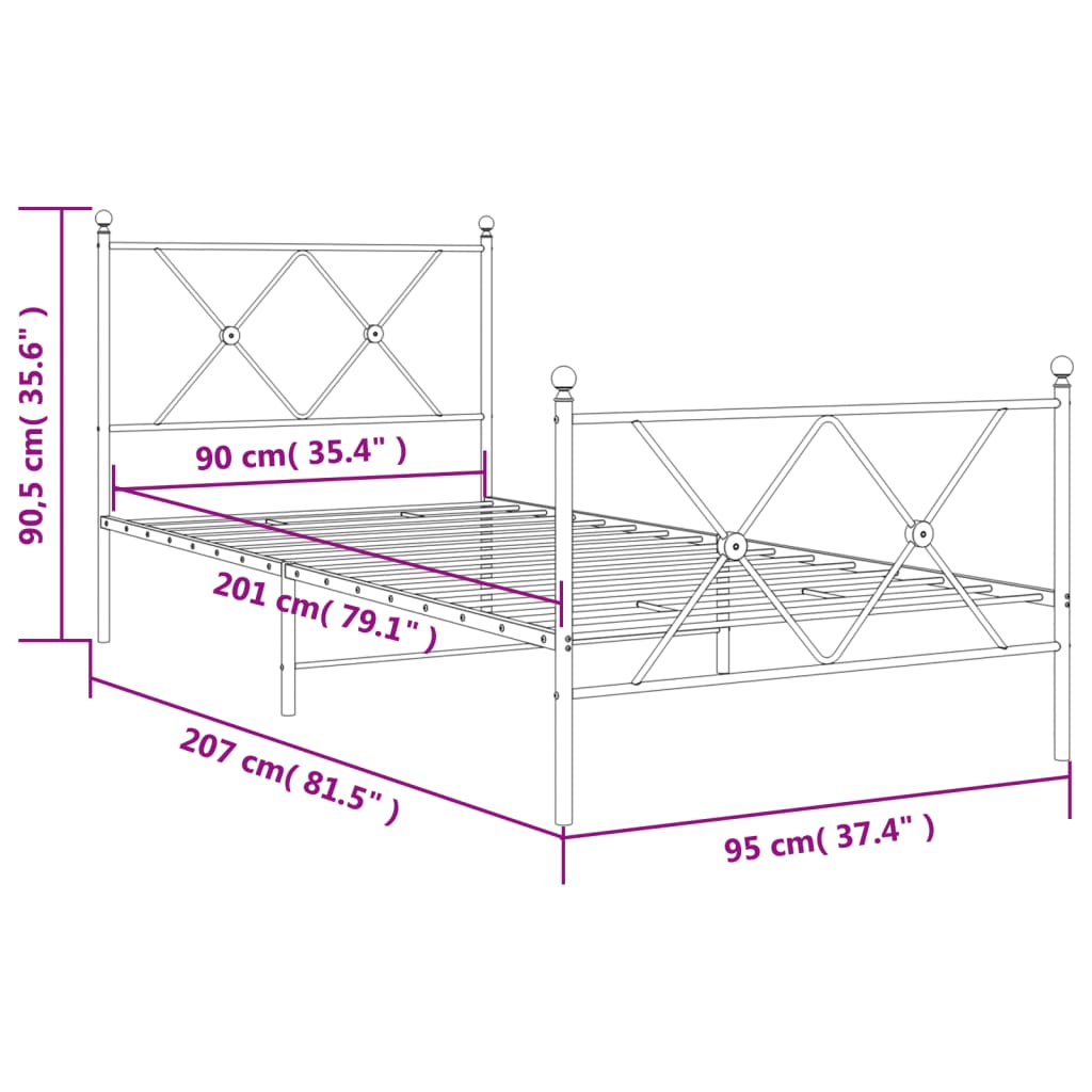 Estrutura de cama com cabeceira e pés 90x200 cm metal preto