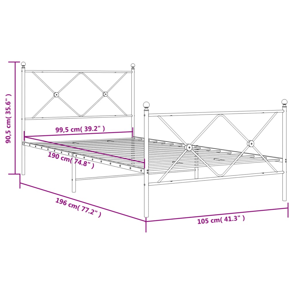 Estrutura de cama com cabeceira e pés 100x190 cm metal preto