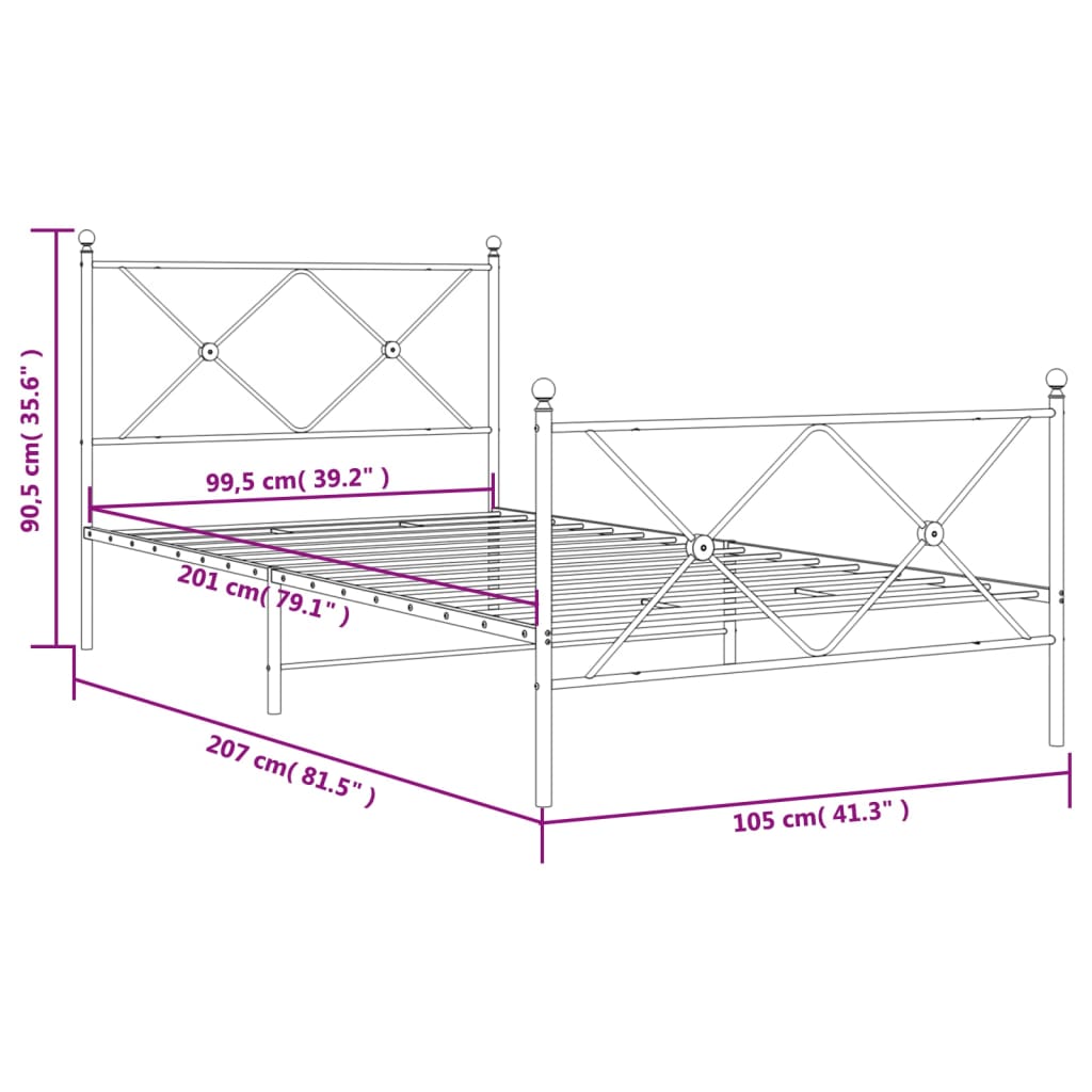 Estrutura de cama com cabeceira e pés 100x200 cm metal preto