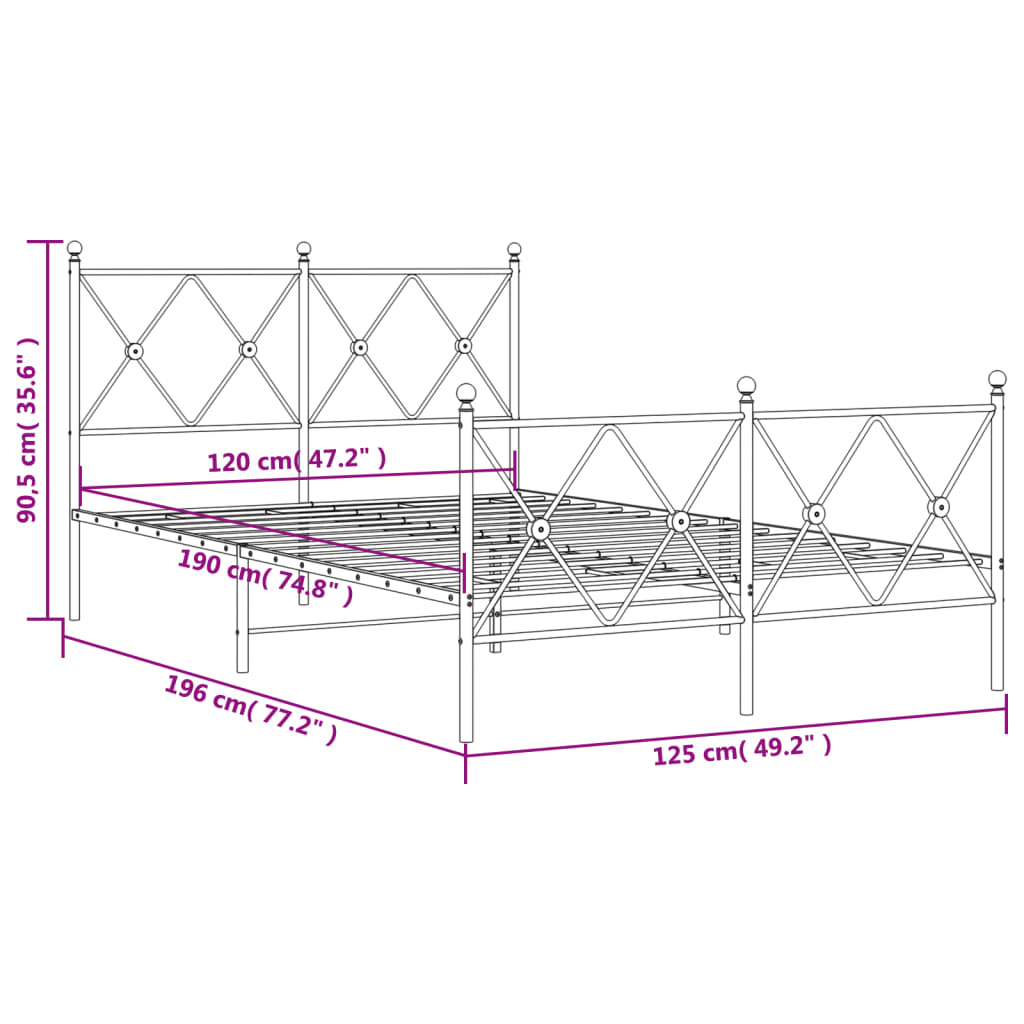 Estrutura de cama com cabeceira e pés 120x190 cm metal preto