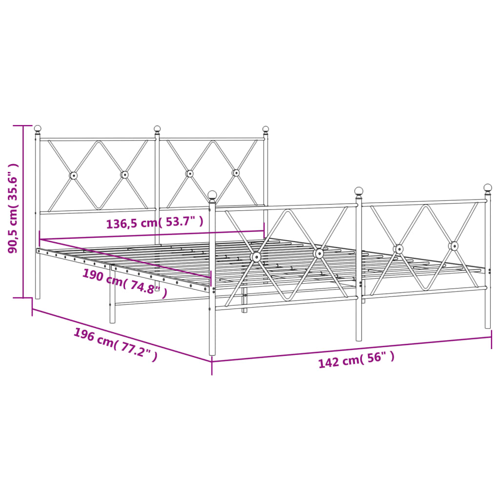 Estrutura de cama com cabeceira e pés 137x190 cm metal preto