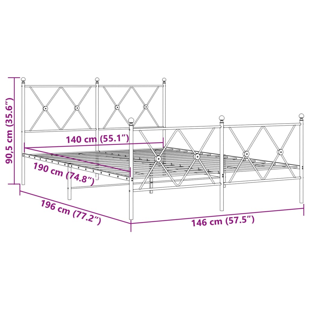 Estrutura de cama com cabeceira e pés 140x190 cm metal preto