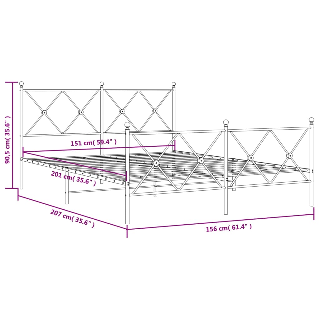 Estrutura de cama com cabeceira e pés 150x200 cm metal preto