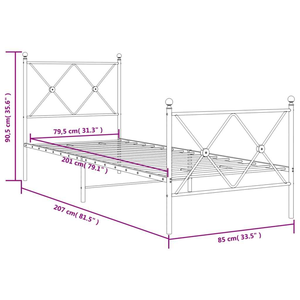 Estrutura de cama com cabeceira e pés 80x200 cm metal branco