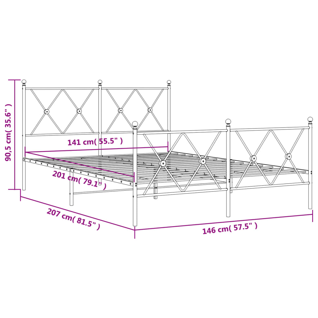 Estrutura de cama com cabeceira e pés 140x200 cm metal branco