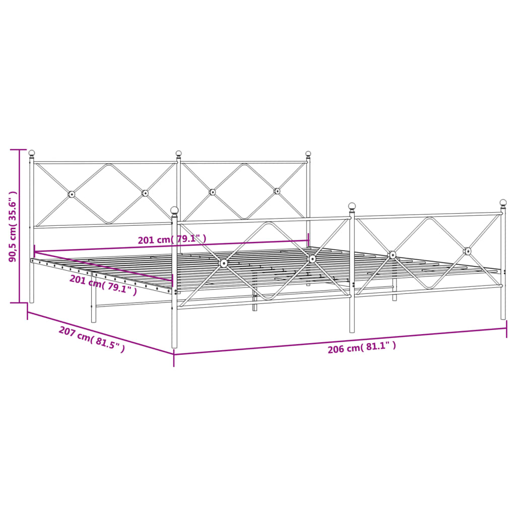 Estrutura de cama com cabeceira e pés 200x200 cm metal branco