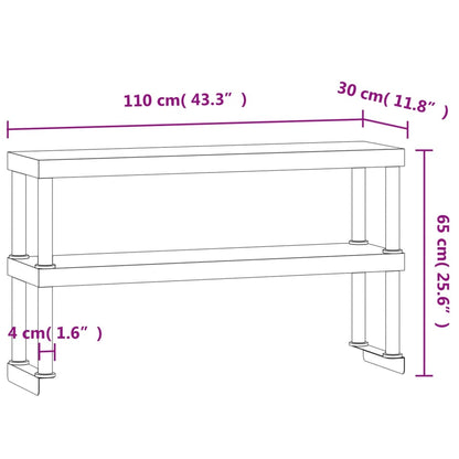 Unidade 2 prateleiras p/ mesa trabalho 110x30x65 cm aço inox.