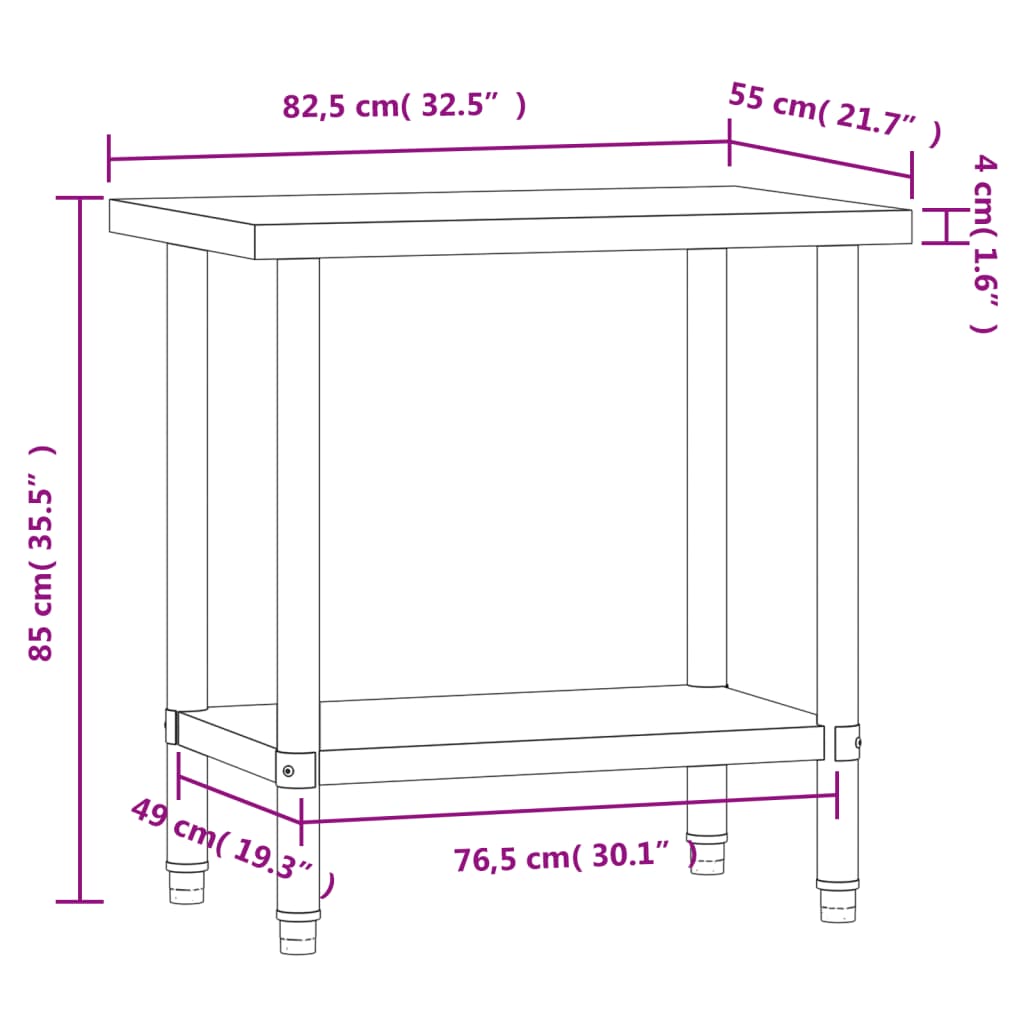 Mesa de trabalho para cozinha 82,5x55x85 cm aço inoxidável