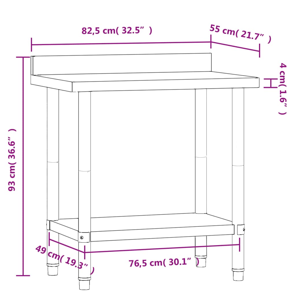 Mesa cozinha rebordo antissalpicos 82,5x55x93 cm aço inoxidável