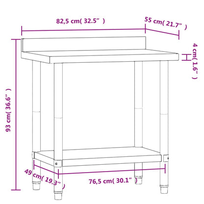 Mesa cozinha rebordo antissalpicos 82,5x55x93 cm aço inoxidável