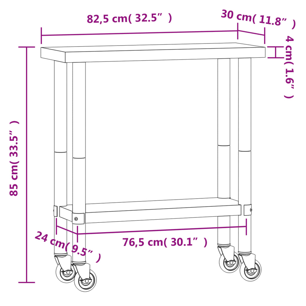 Mesa de trabalho de cozinha c/ rodas 82,5x30x85 cm aço inox.