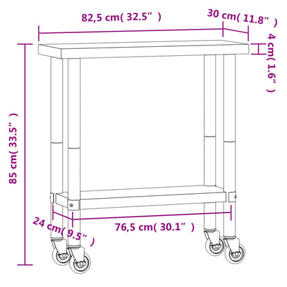 Mesa de trabalho de cozinha c/ rodas 82,5x30x85 cm aço inox.