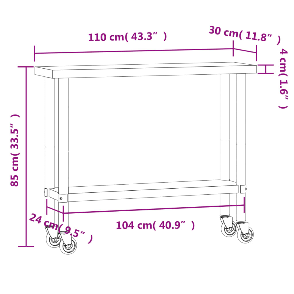 Mesa de trabalho de cozinha c/ rodas 110x30x85 cm aço inox.