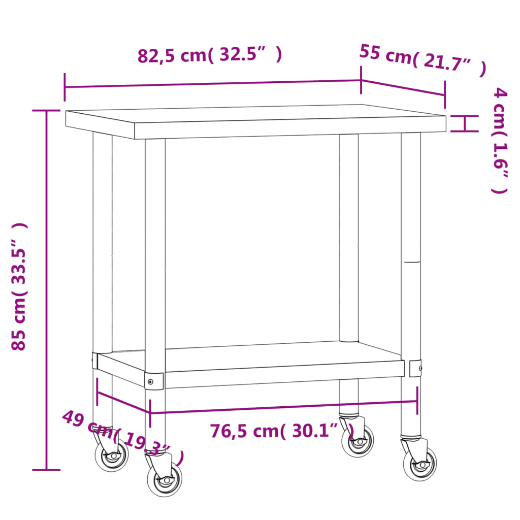 Mesa de trabalho de cozinha com rodas 82,5x55x85 cm aço inox.