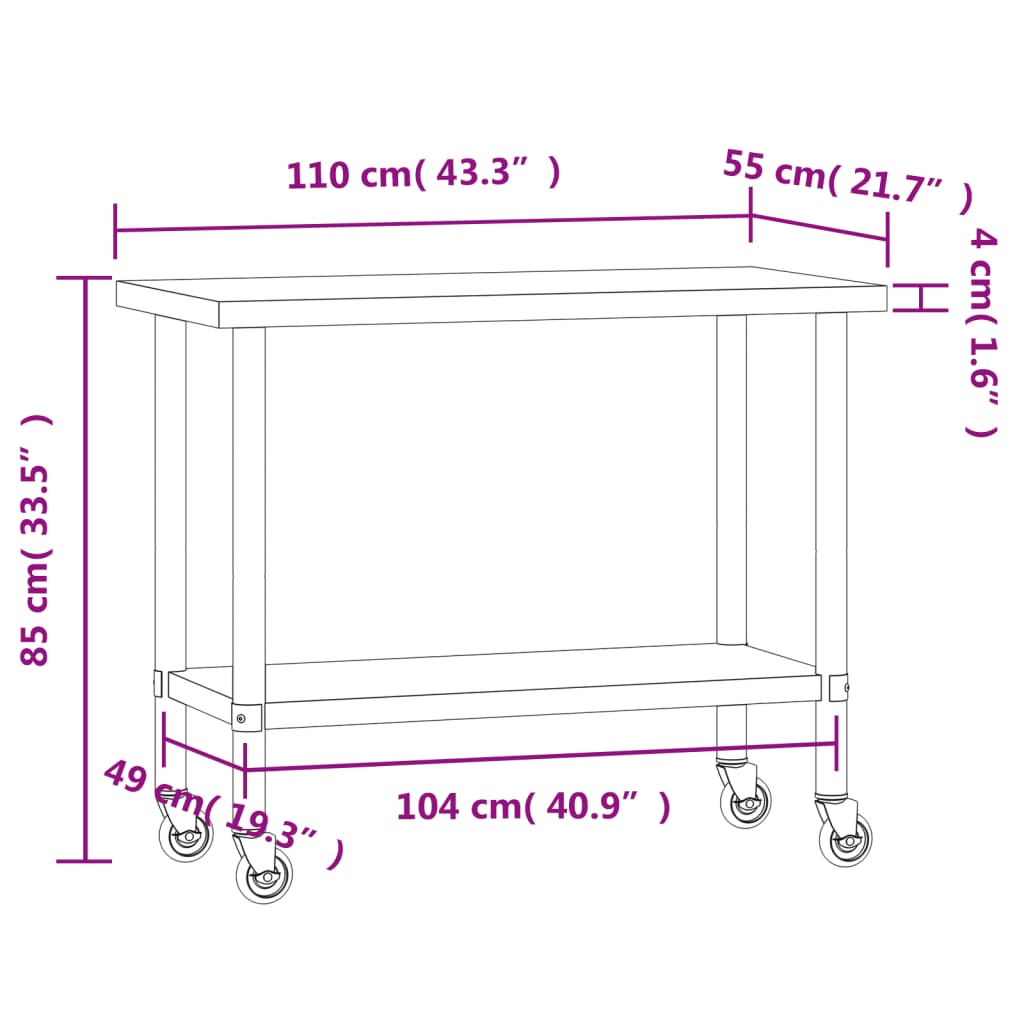 Mesa de trabalho de cozinha c/ rodas 110x55x85cm aço inoxidável