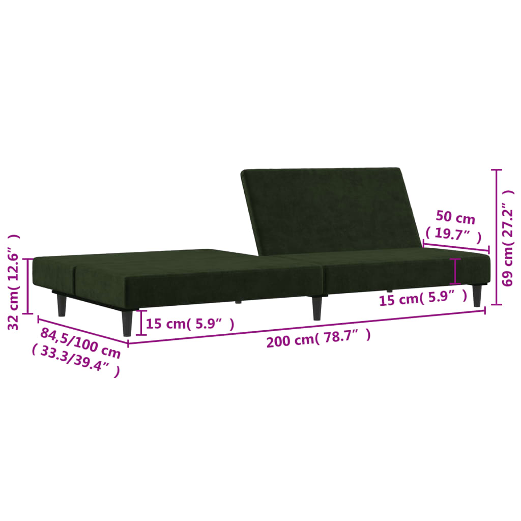 Sofá-cama de 2 lugares veludo verde-escuro