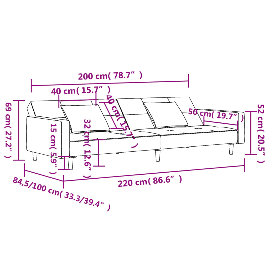 Sofá-cama 2 lugares com duas almofadas veludo cinzento-escuro