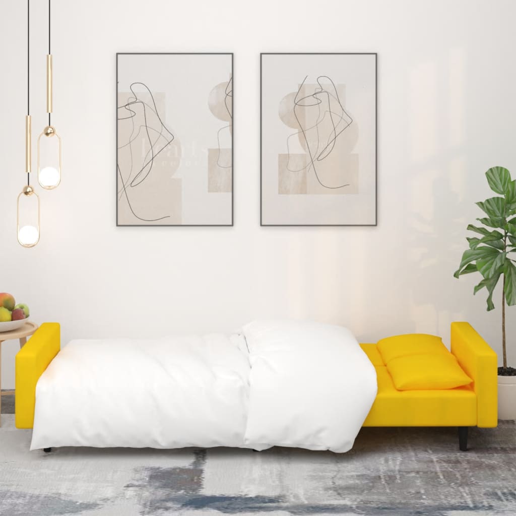 Sofá-cama 2 lugares com duas almofadas veludo amarelo