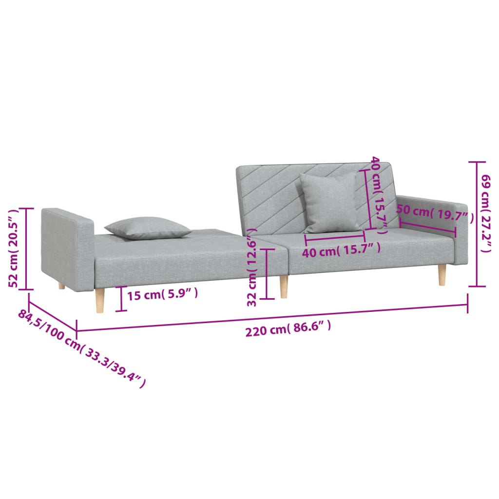 Sofá-cama 2 lugares com duas almofadas tecido cinzento-claro