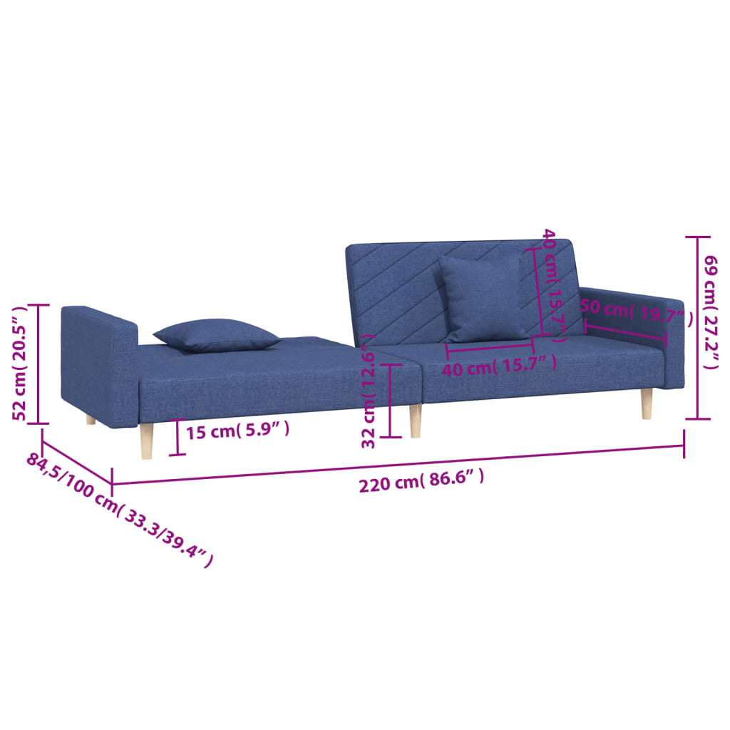 Sofá-cama 2 lugares com duas almofadas tecido azul