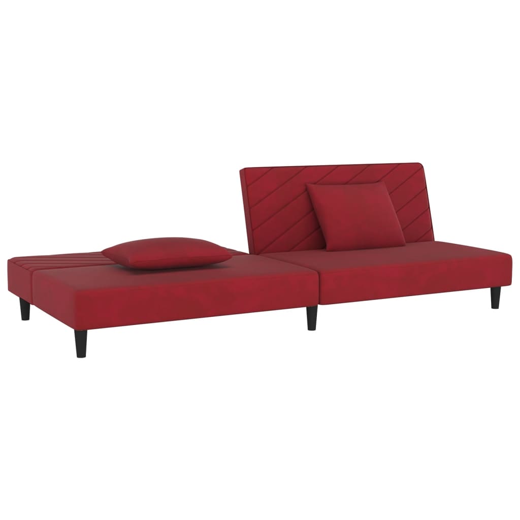 Sofá-cama 2 lugares com duas almofadas veludo vermelho tinto