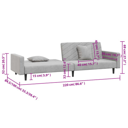 Sofá-cama 2 lugares com duas almofadas veludo cinzento-claro