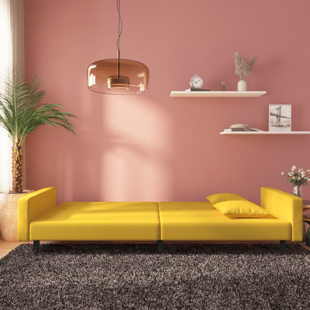 Sofá-cama 2 lugares com duas almofadas veludo amarelo