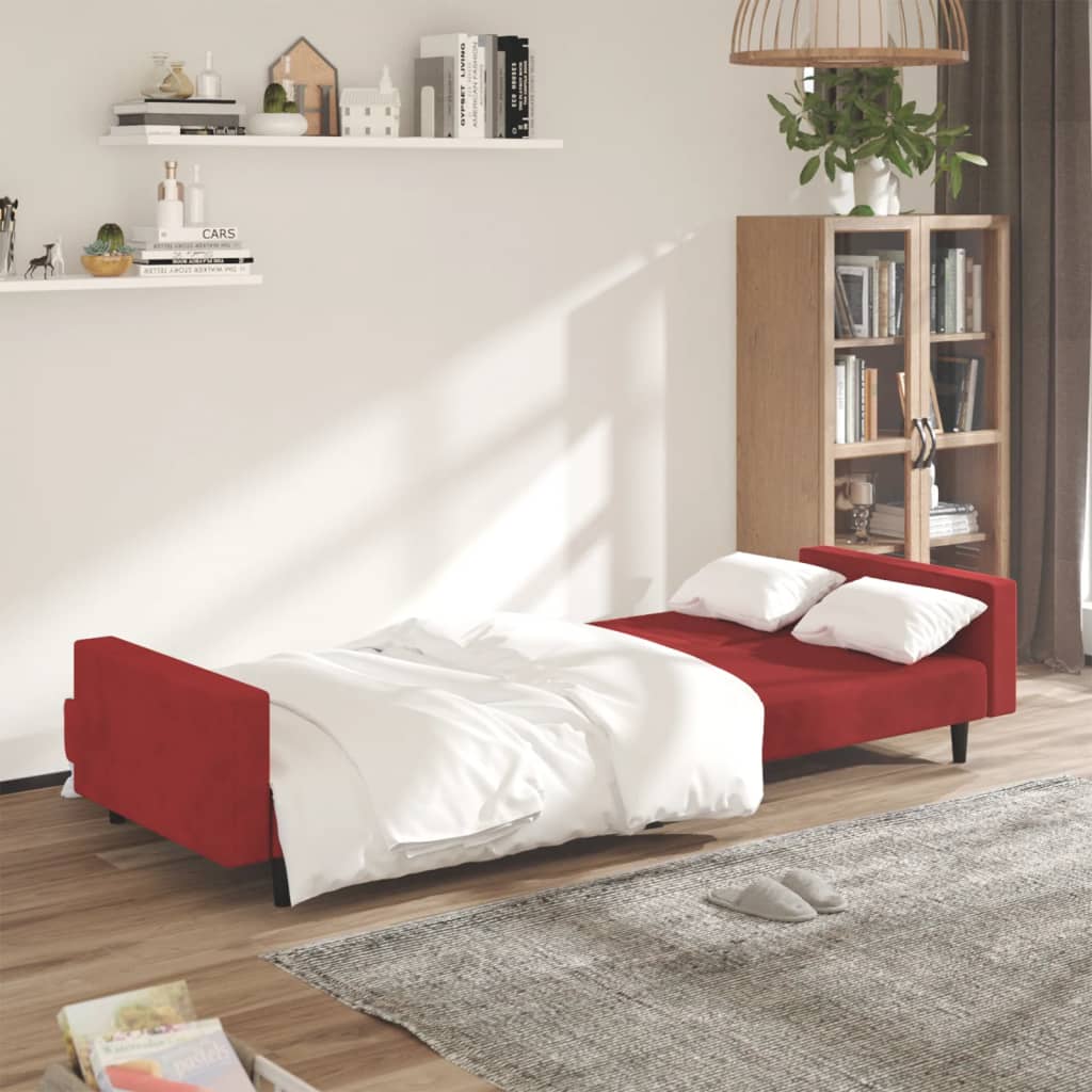 Sofá-cama de 2 lugares veludo vermelho tinto