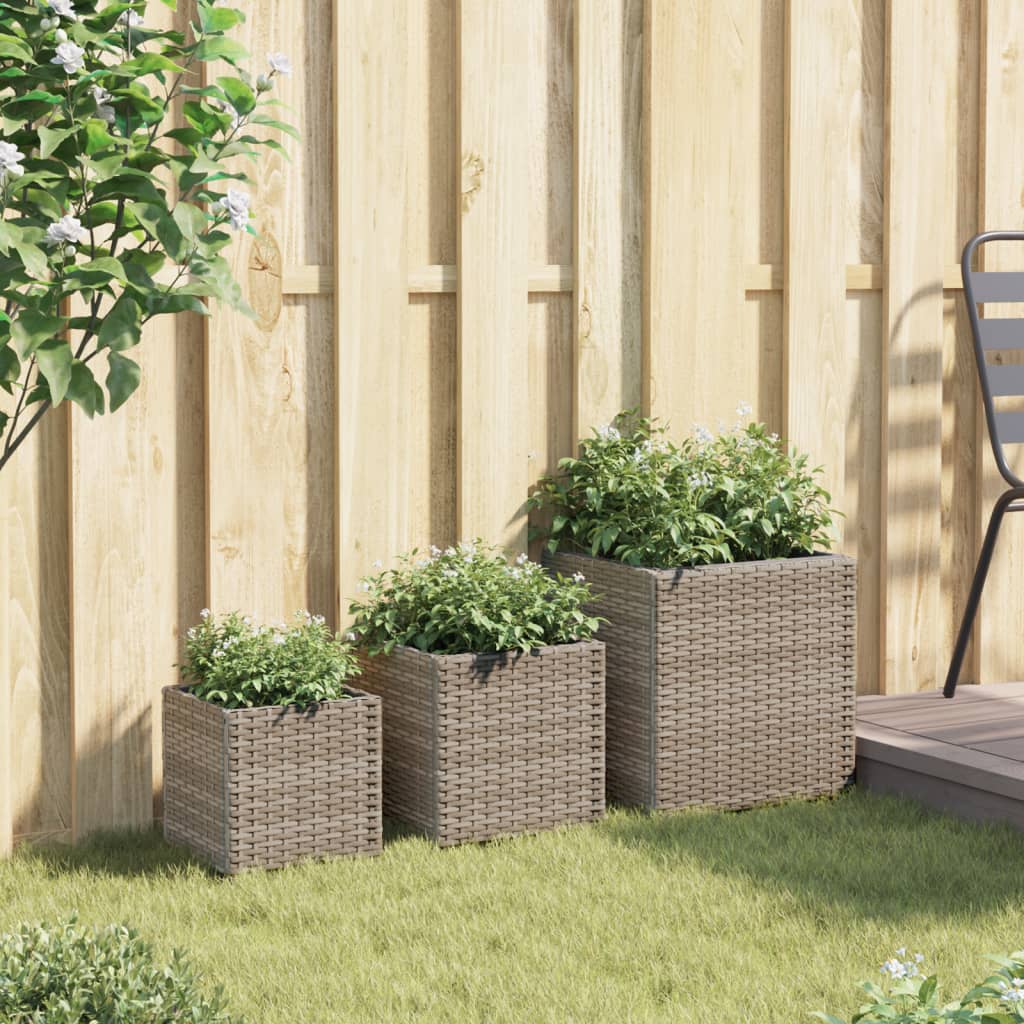 Vasos de jardim 3 pcs vime PE cinzento