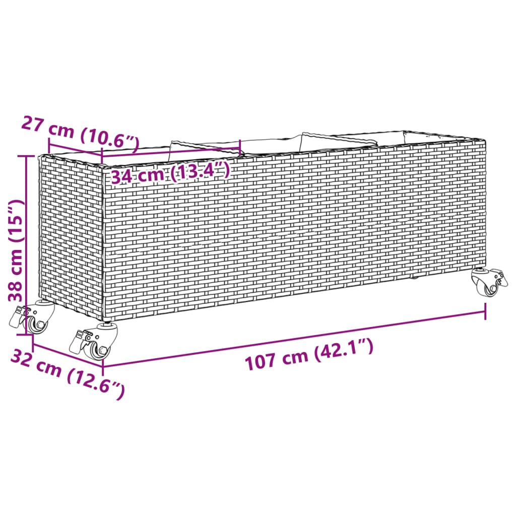 Canteiro jardim c/ rodas e 3 vasos 107x32x38cm vime PE castanho