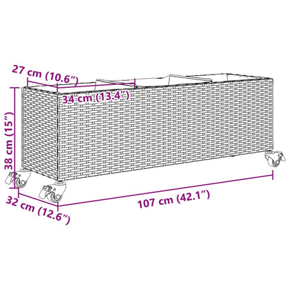 Canteiro jardim c/ rodas e 3 vasos 107x32x38cm vime PE castanho