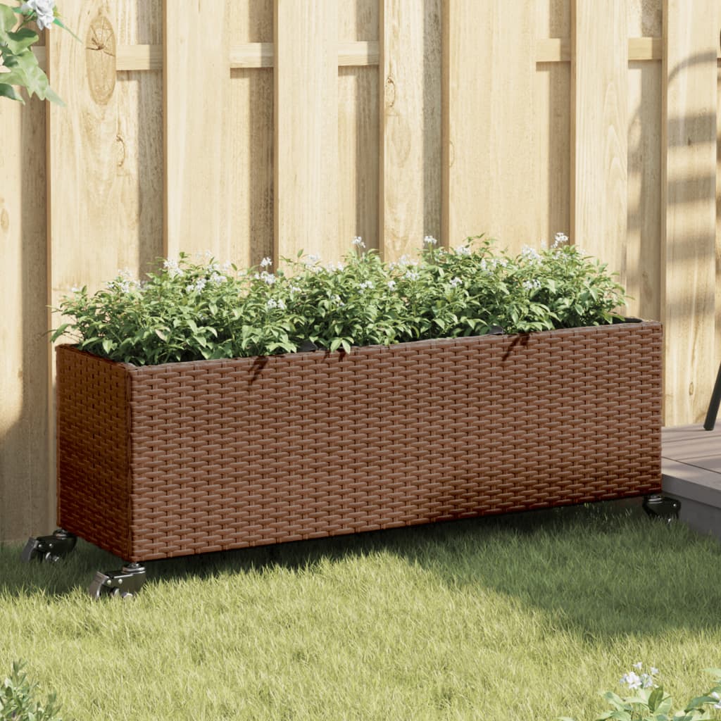 Canteiro jardim c/ rodas e 3 vasos 107x32x38cm vime PE castanho