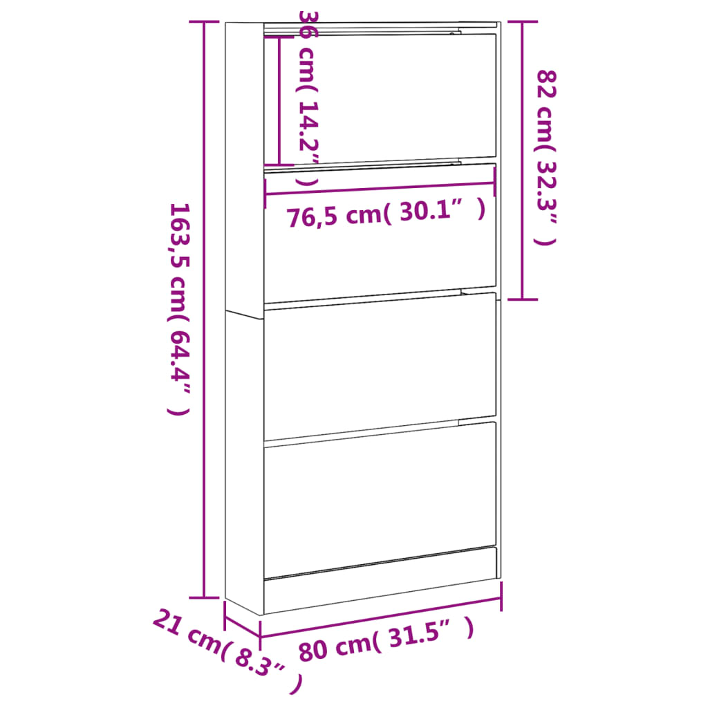 Sapateira com 4 gavetas articuladas 80x21x163,5 cm branco