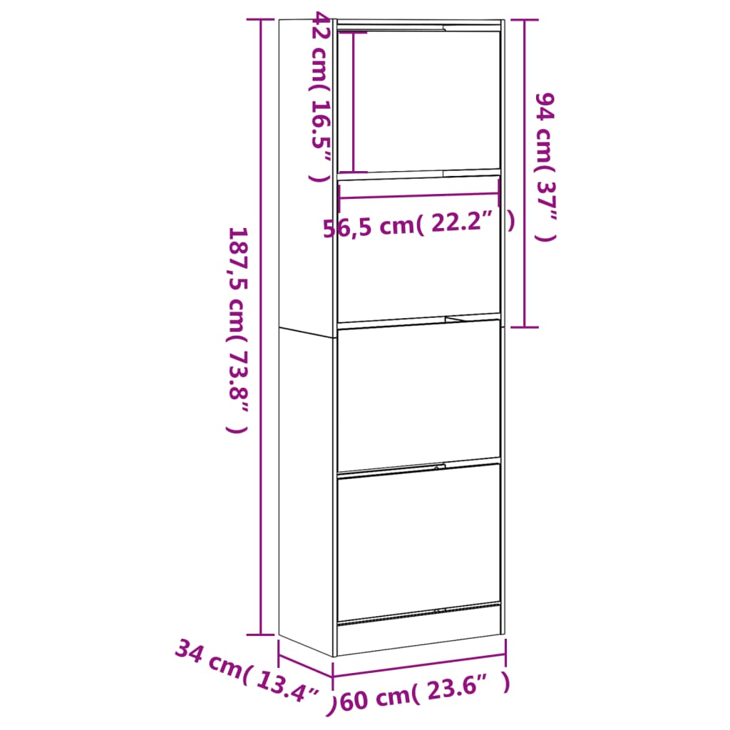 Sapateira com 4 gavetas articuladas 60x34x187,5 cm branco