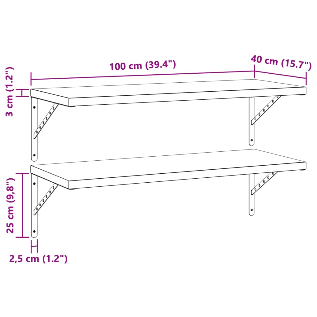 Prateleiras de parede 2 pcs 100x40 cm aço inoxidável prateado