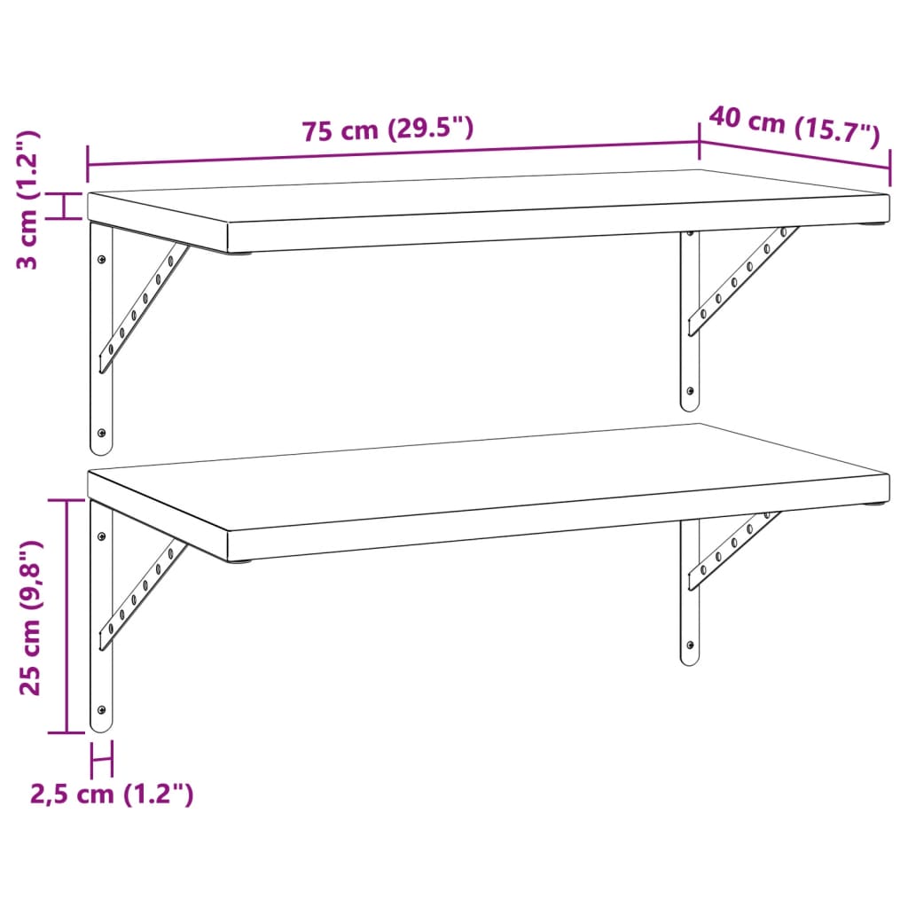 Prateleiras de parede 2 pcs 75x40 cm aço inoxidável prateado