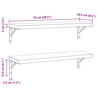 Prateleiras de parede 2 pcs 75x23,5 cm aço inoxidável prateado