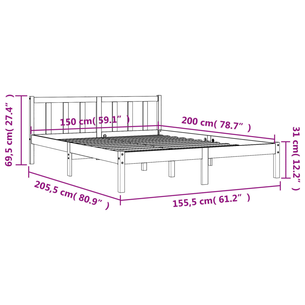 Estrutura de cama 150x200 cm madeira pinho maciça castanho cera