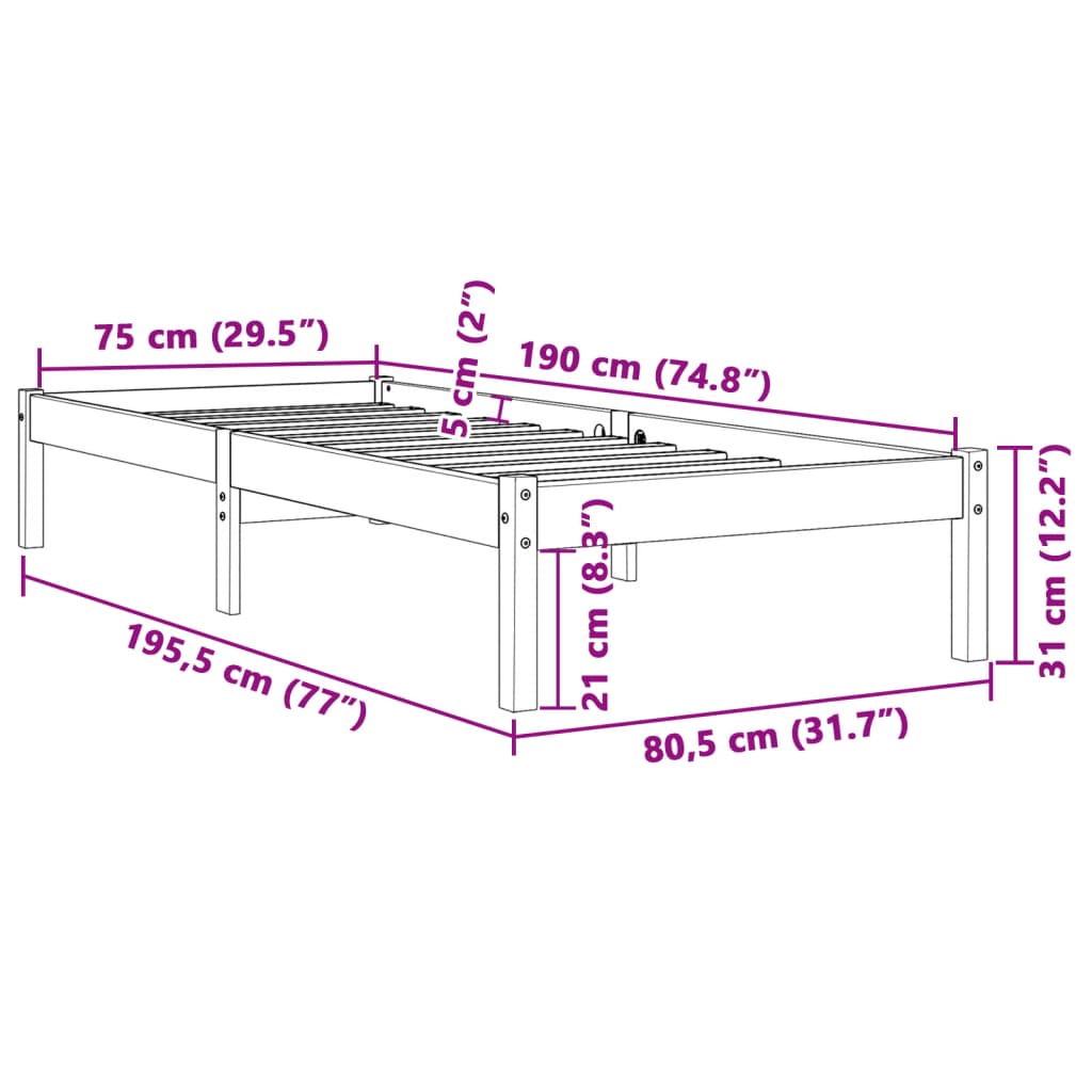 Estrutura de cama 75x190 cm madeira pinho maciça castanho cera