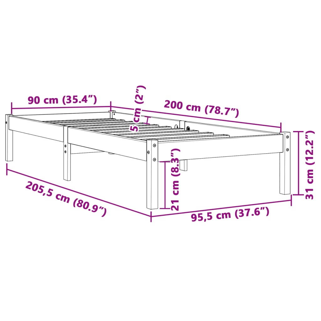 Estrutura de cama 90x200 cm madeira pinho maciça castanho cera