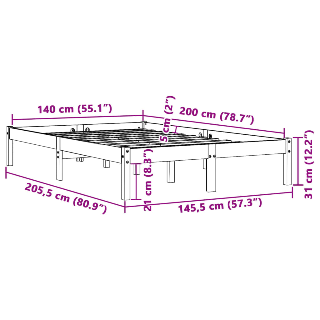 Estrutura de cama 140x200 cm madeira pinho maciça castanho cera