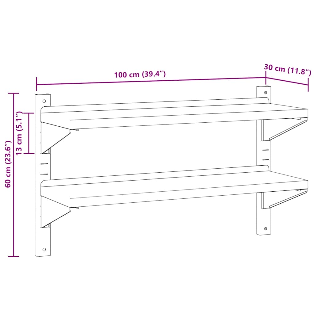 Estante parede 2 prateleiras 100x30x60 cm aço inoxidável prata