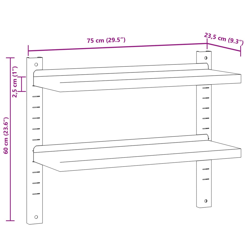 Estante parede 2 prateleiras 75x23,5x60 cm aço inoxidável prata